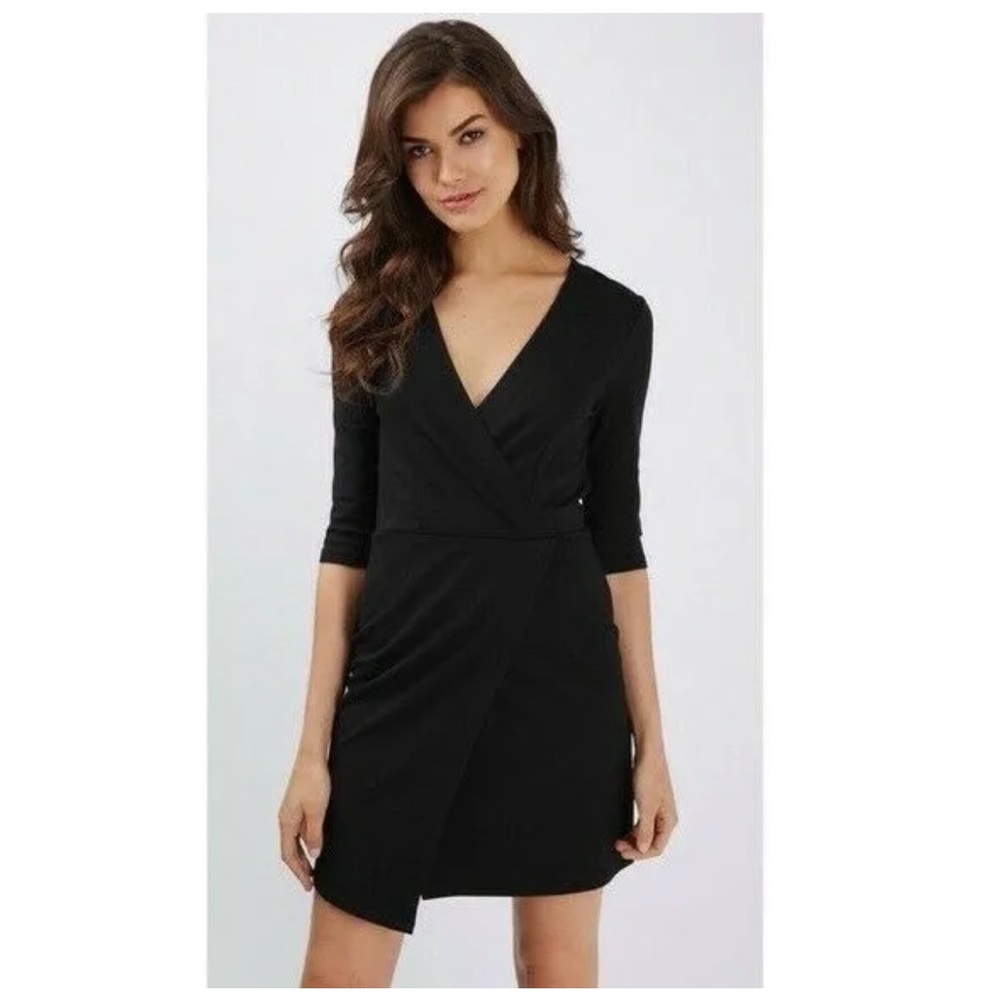 DONATING 03-15 black asymmetrical 3/4 sleeve wrap v neck dress w zipper closing